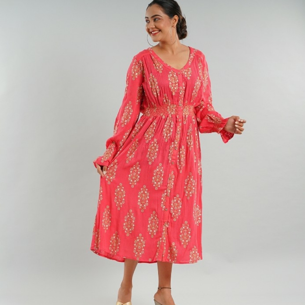 Jovie Coral Rayon Button Front Midi Dress M